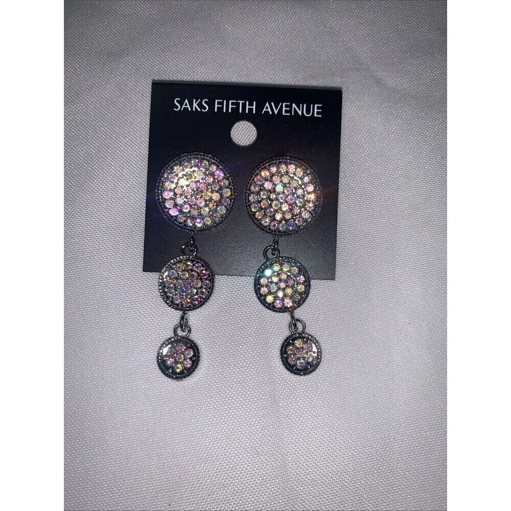 Saks Fifth Avenue Rhinestones Dangle Pierced 1.5" Earrings New - Picture 5 of 7